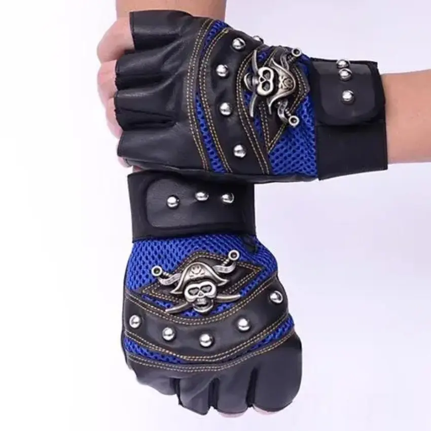 1 Pair Cycling Gloves PU Leather Skull Punk Black Driving Motorcycle Biker Fingerless Tactical Gloves Mens Durable Womens Gloves