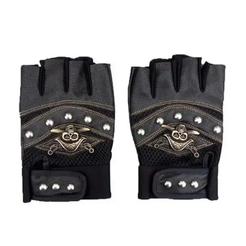 1 Pair Cycling Gloves PU Leather Skull Punk Black Driving Motorcycle Biker Fingerless Tactical Gloves Mens Durable Womens Gloves