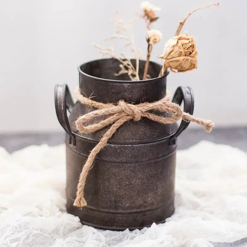 Retro Old Tin Flower Bucket Furnishings Props Garden European Milk Jug Single Plant Pot Vase Decoration Ornaments Home Decor