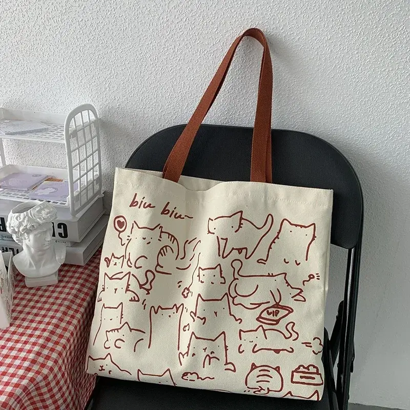 Canvas Bag Womens Handbag Shopping Bag Cute Cat Zipper Handbag Designer Bag Japanese Style Cartoon Small Shoulder Bag