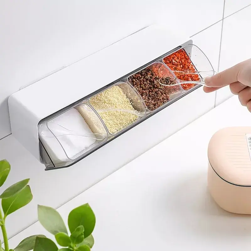 Kitchen Wall Mounted Spice Storage Rack Salt and Pepper Shaker Spice Jar Seasoning Container with Spoon Spice Storage Tool