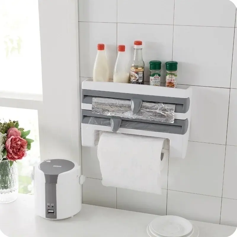 Wall Mounted Paper Towel Rack Sauce Bottle Rack 4 in 1plastic Wrap Cutting Rack Multifunctional Kitchen Storage Rack Accessories