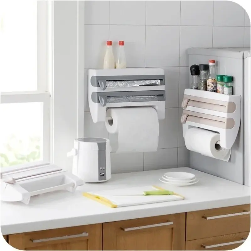 Wall Mounted Paper Towel Rack Sauce Bottle Rack 4 in 1plastic Wrap Cutting Rack Multifunctional Kitchen Storage Rack Accessories
