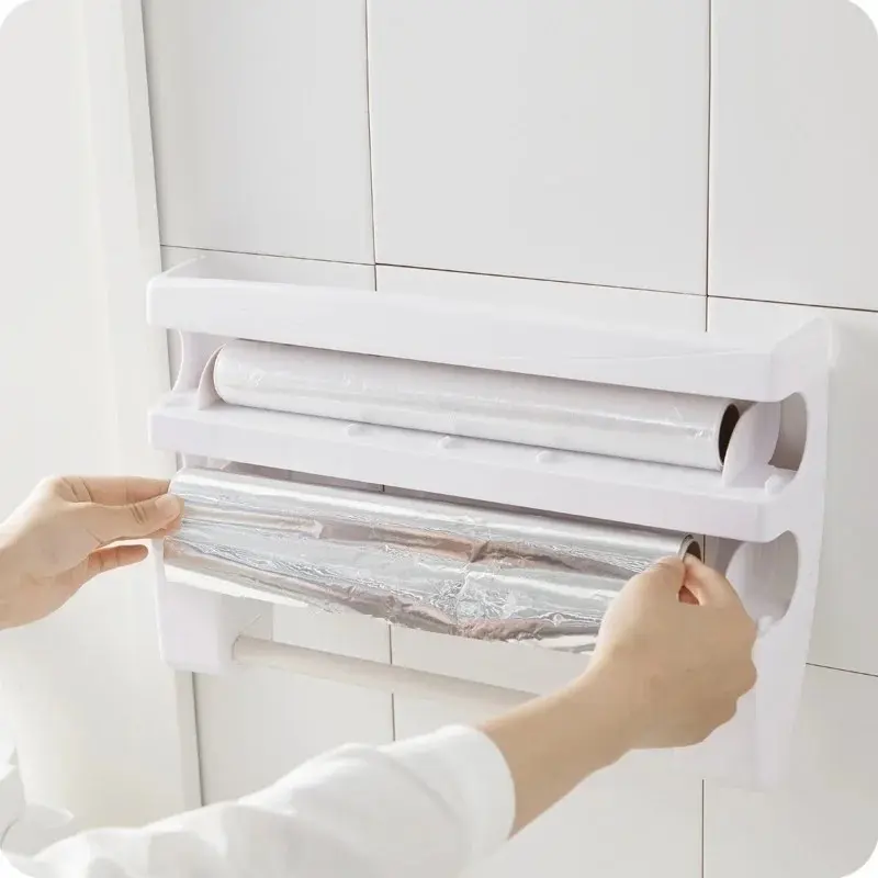 Wall Mounted Paper Towel Rack Sauce Bottle Rack 4 in 1plastic Wrap Cutting Rack Multifunctional Kitchen Storage Rack Accessories