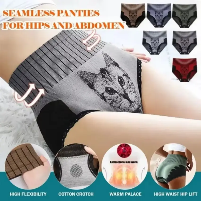 1 Pcs Women High Waist Panties Cat Printed Shapers Comfortable Shapewear Briefs Solid Color Underwear