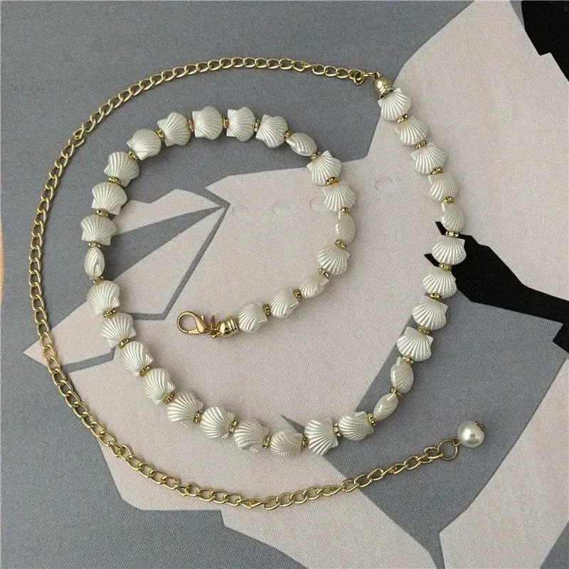 Fashion Women Pearl Shell Chain Belt Elegant Metal Thin Slim Waist Belts Dress Skirt Wild Waistbands Straps Clothes Accessories