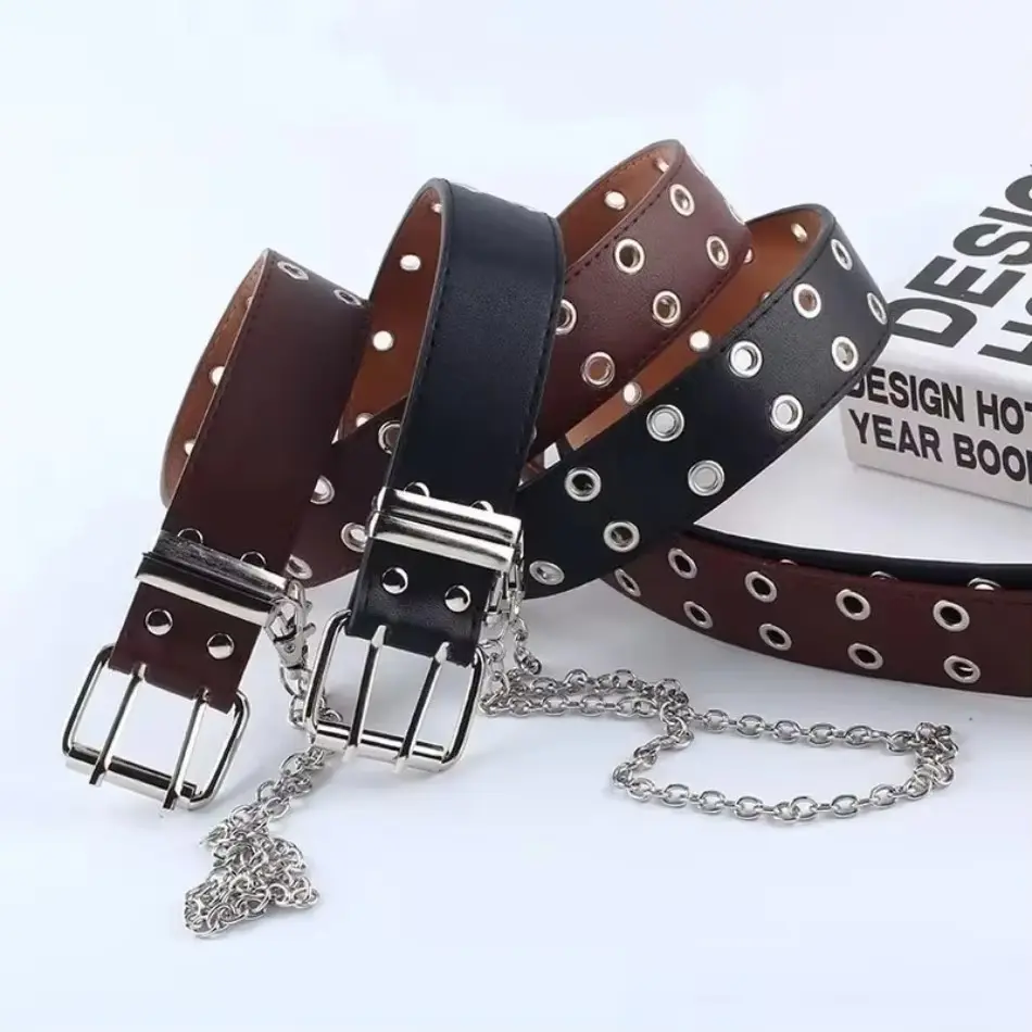 1 Pcs Summer New Punk Rock Hip Hop Double Holes Prong Soft PU Leather Strap Belts Jean Dress Pant Decorative Ladies Belt