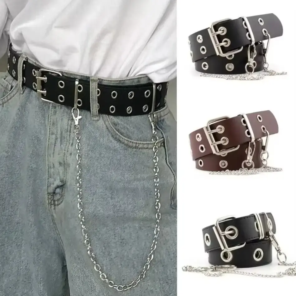 1 Pcs Summer New Punk Rock Hip Hop Double Holes Prong Soft PU Leather Strap Belts Jean Dress Pant Decorative Ladies Belt