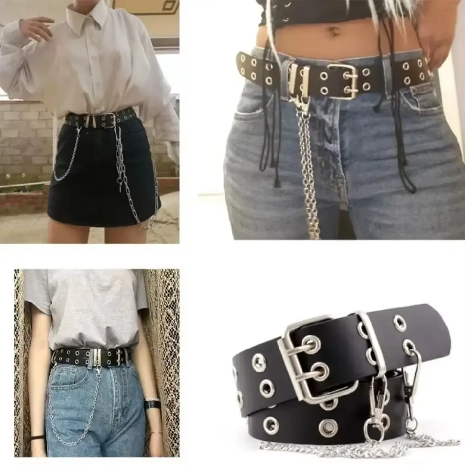 1 Pcs Summer New Punk Rock Hip Hop Double Holes Prong Soft PU Leather Strap Belts Jean Dress Pant Decorative Ladies Belt