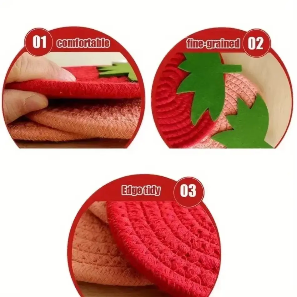 Cute Fruit Series Cotton Rope Meal Mat Non-Slip Coaster Jacquard Technique Heat Insulation Mat Featuring Strawberry Pumpkin Leaf