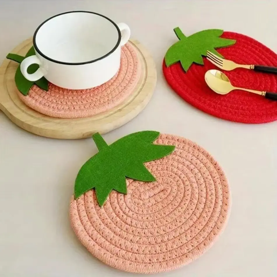 Cute Fruit Series Cotton Rope Meal Mat Non-Slip Coaster Jacquard Technique Heat Insulation Mat Featuring Strawberry Pumpkin Leaf