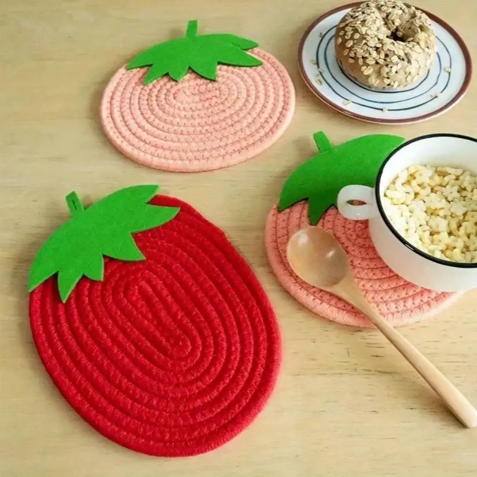 Cute Fruit Series Cotton Rope Meal Mat Non-Slip Coaster Jacquard Technique Heat Insulation Mat Featuring Strawberry Pumpkin Leaf