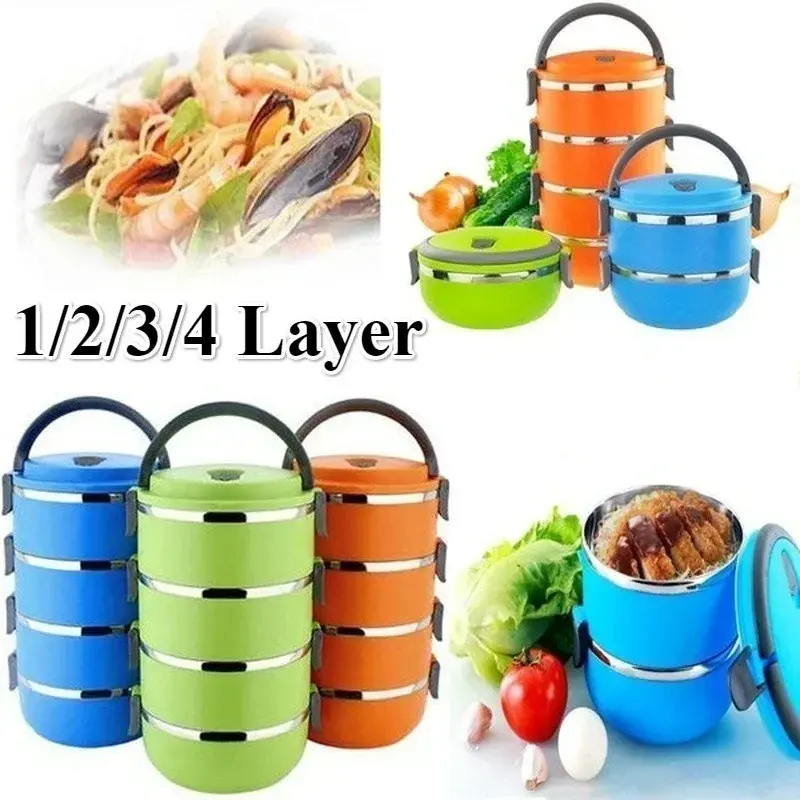 Kids Lunch Box 1/2/3/4 Food Container Round Color Random Portable Stainless Steel Insulated Lunch Box