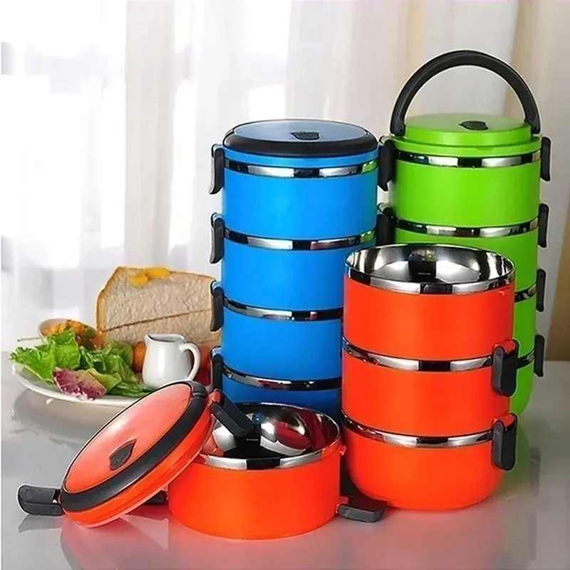Kids Lunch Box 1/2/3/4 Food Container Round Color Random Portable Stainless Steel Insulated Lunch Box