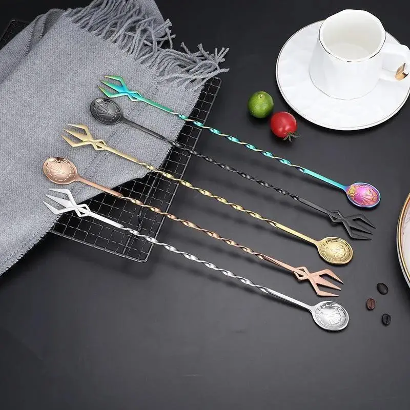 New 1/4pcs Long Handle Cocktail Mixing Spoon Fork Stainless Steel Whisky Stir Rod Bartender Muddlers Kitchen Bar Accessories