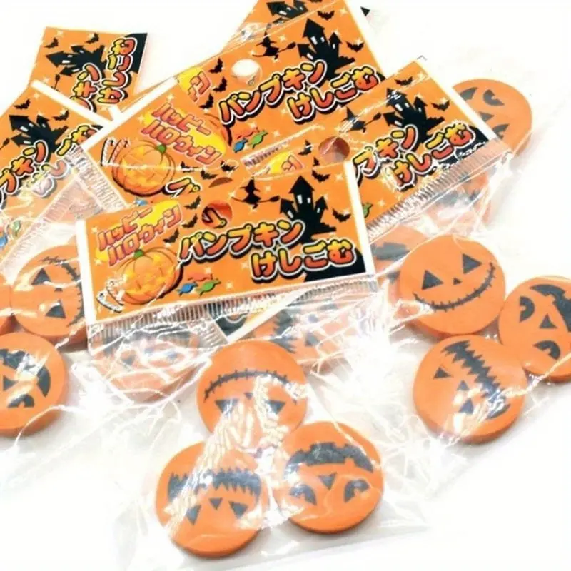 10pcs Creative Halloween Rubber Pumpkin Printing Eraser Students Stationery Suitable Classmate Study Writing Error Pencil Eraser