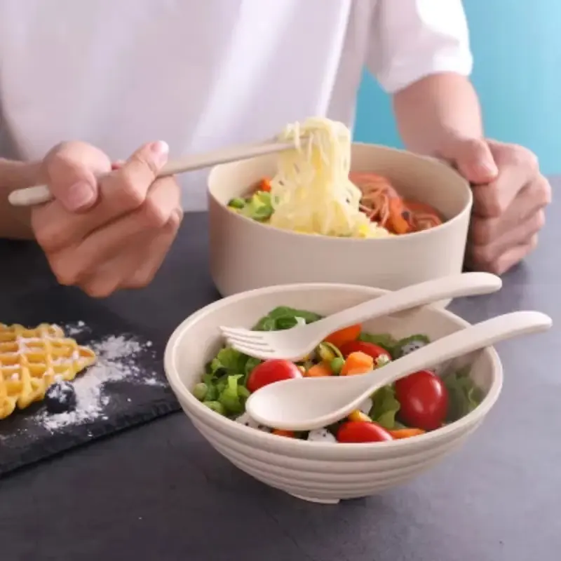 Eco-Friendly Wheat Straw Ramen Bowl Set Student Dorm Microwave Instant Noodles Bowl Home Dinnerware With Lid Handle Salad Bowls