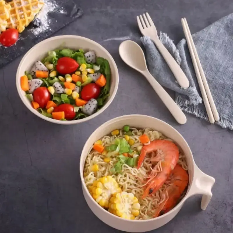 Eco-Friendly Wheat Straw Ramen Bowl Set Student Dorm Microwave Instant Noodles Bowl Home Dinnerware With Lid Handle Salad Bowls