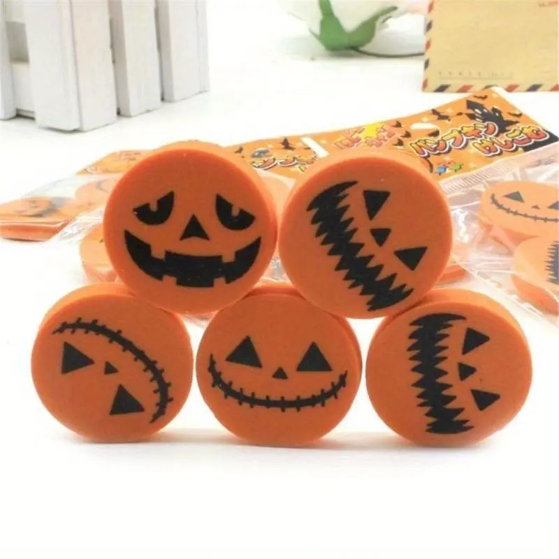 10pcs Creative Halloween Rubber Pumpkin Printing Eraser Students Stationery Suitable Classmate Study Writing Error Pencil Eraser