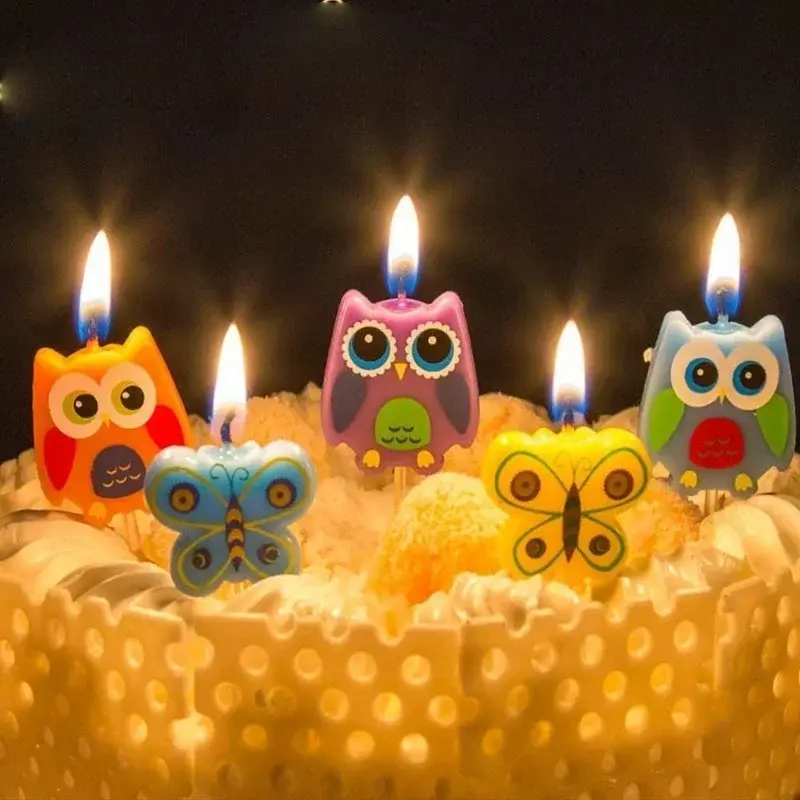 5 Pack Creative Smokeless Candles Cartoon Butterfly Owl Candles Childrens Party Supplies Cake Decorations
