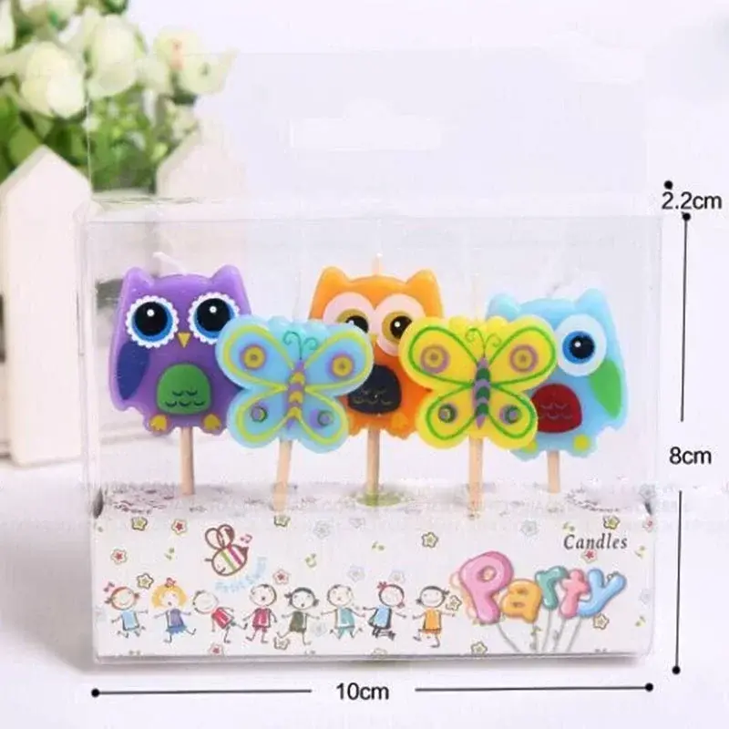 5 Pack Creative Smokeless Candles Cartoon Butterfly Owl Candles Childrens Party Supplies Cake Decorations