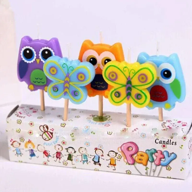 5 Pack Creative Smokeless Candles Cartoon Butterfly Owl Candles Childrens Party Supplies Cake Decorations