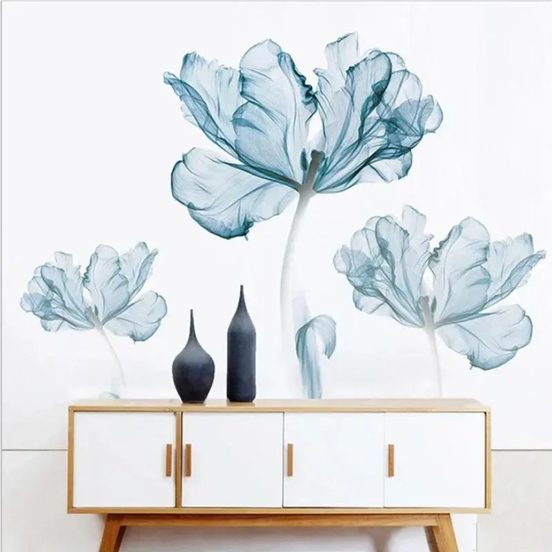 New Creative Nordic Blue Flower Wall Stickers Beautiful 3D Wall Art Decals Home Living Room Sofa Warm Background Decoration