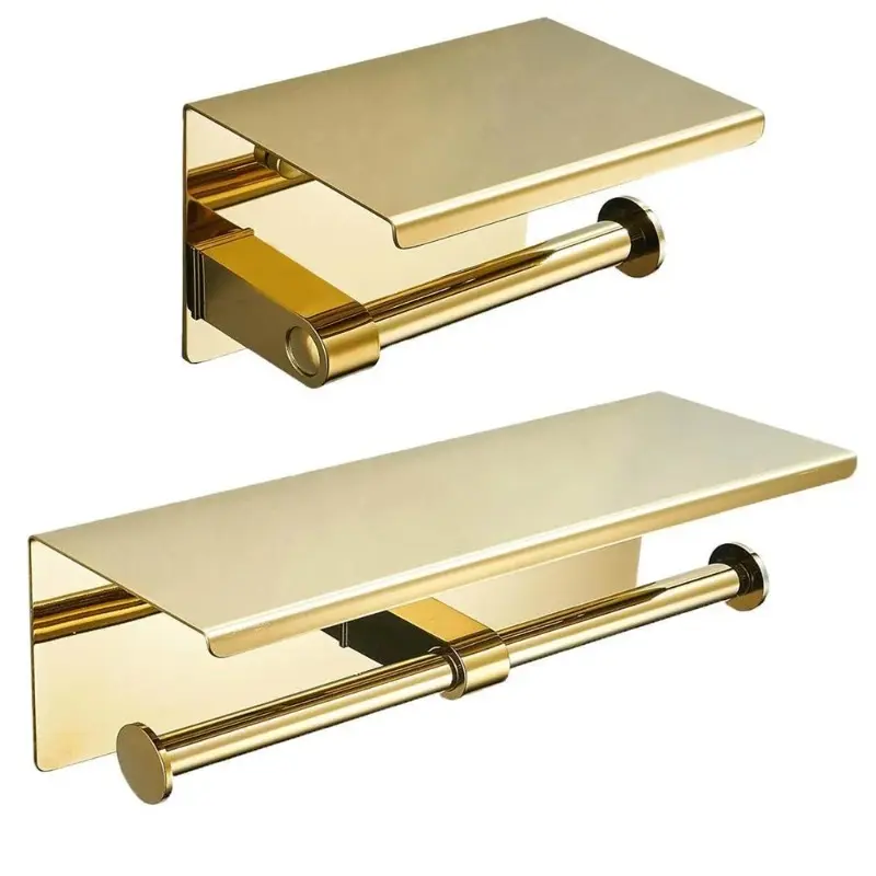 Multifunctional Toilet Paper Holder with Shelf Wall Mounted Double Roll Towel Holder Bathroom Gold