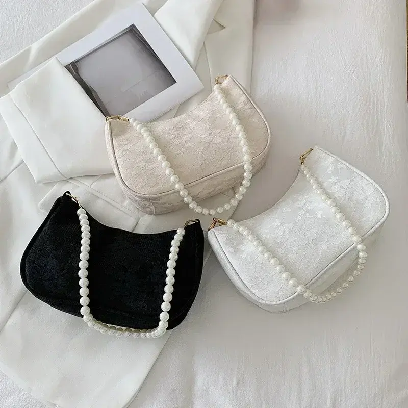 Womens Minimalist Pleated Underarm Bag French Retro Pearl Chain Shoulder Crossbody Bag Fashion French Stick Bag