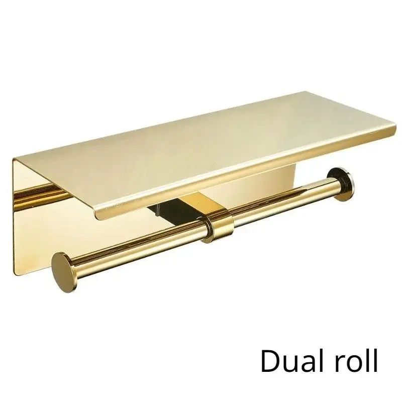 Multifunctional Toilet Paper Holder with Shelf Wall Mounted Double Roll Towel Holder Bathroom Gold