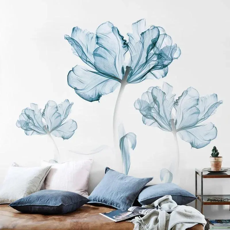 New Creative Nordic Blue Flower Wall Stickers Beautiful 3D Wall Art Decals Home Living Room Sofa Warm Background Decoration