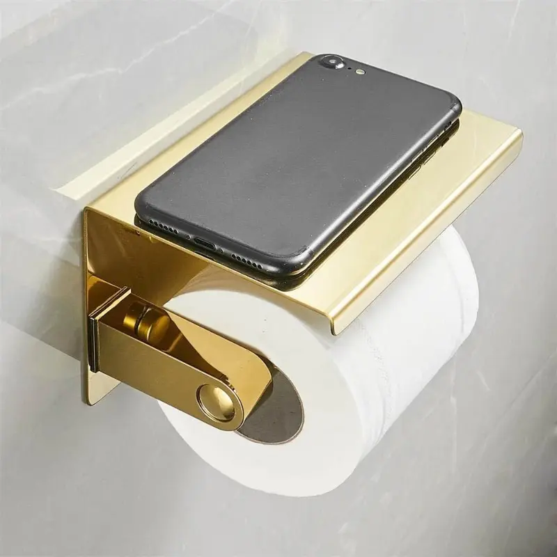 Multifunctional Toilet Paper Holder with Shelf Wall Mounted Double Roll Towel Holder Bathroom Gold