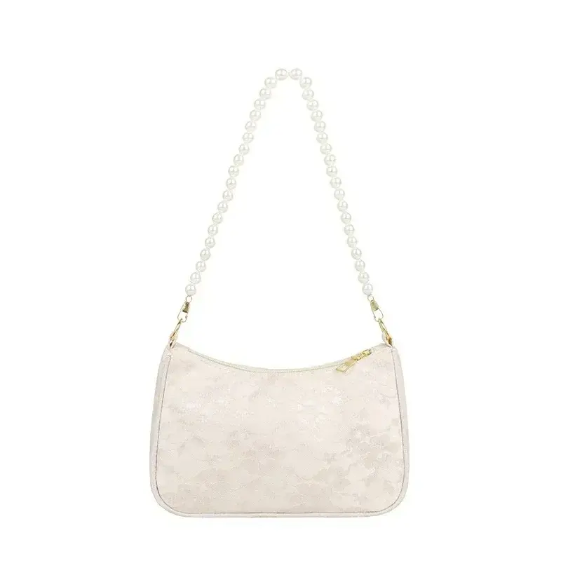 Womens Minimalist Pleated Underarm Bag French Retro Pearl Chain Shoulder Crossbody Bag Fashion French Stick Bag