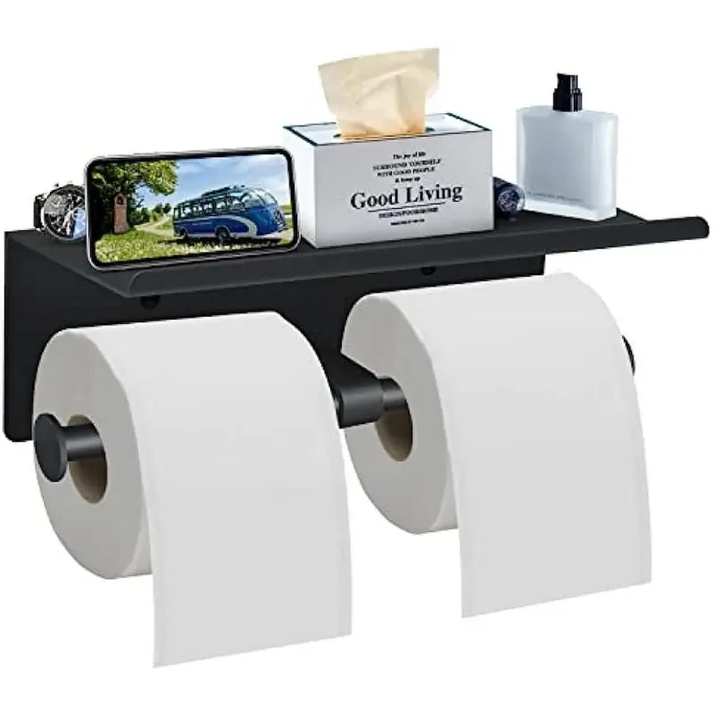 Multifunctional Toilet Paper Holder with Shelf Wall Mounted Double Roll Towel Holder Bathroom Gold