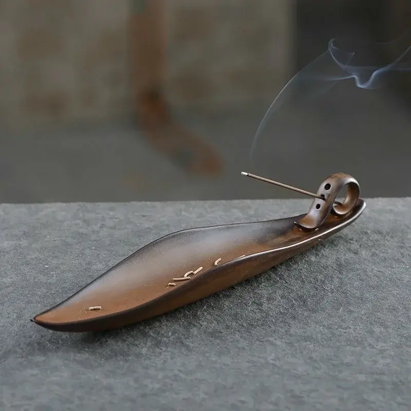 Incense Holder Retro Incense Burner Buddhist Temple Supplies Chinese Style One Leaf Boat Shaped Incense Burner