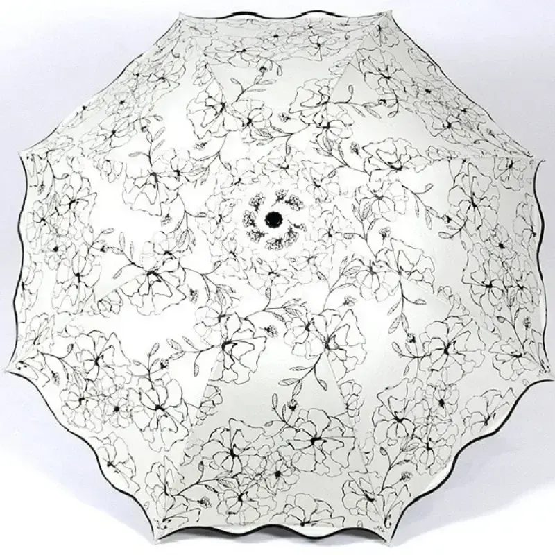 New Wave Edge Umbrella for Girls UV Protection Black Coating Hibiscus Flower Princess Fashion