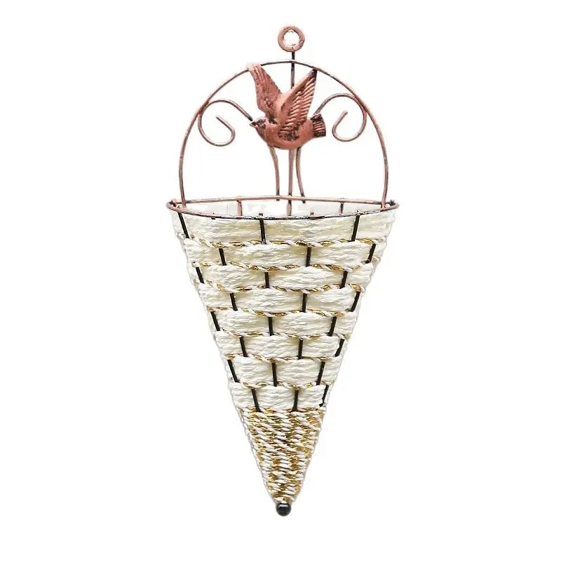 1Pcs Wall-mounted Wrought Iron Natural Wicker Flower Basket Vase Rattan Wall Hanging Pot Planter Rattan Vase Basket Decorative