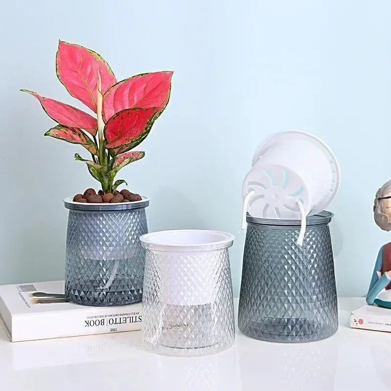 2024 Transparent Self Watering Flower Pot Plastic Plantpot Dual-layer Automatic Lazy Potted Hydroponic Flowerpot for Home Decor