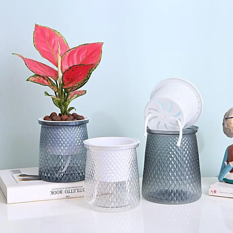 2024 Transparent Self Watering Flower Pot Plastic Plantpot Dual-layer Automatic Lazy Potted Hydroponic Flowerpot for Home Decor