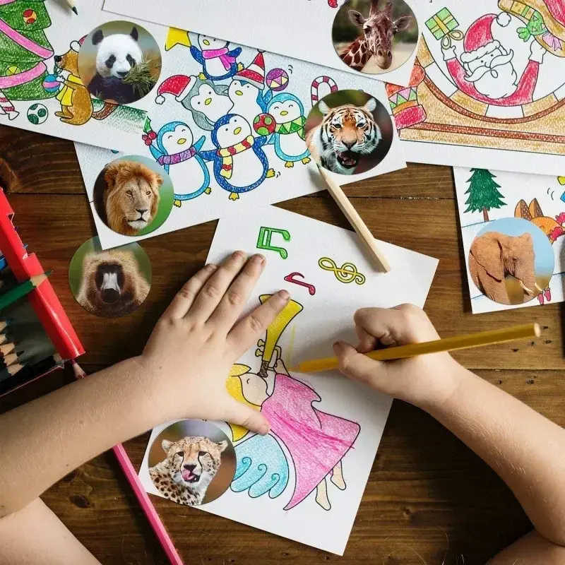 500 Sheets/Roll Zoo Animal Cartoon Stickers Childrens Classic Toys School Teacher Reward Stickers Pattern Lion Stickers
