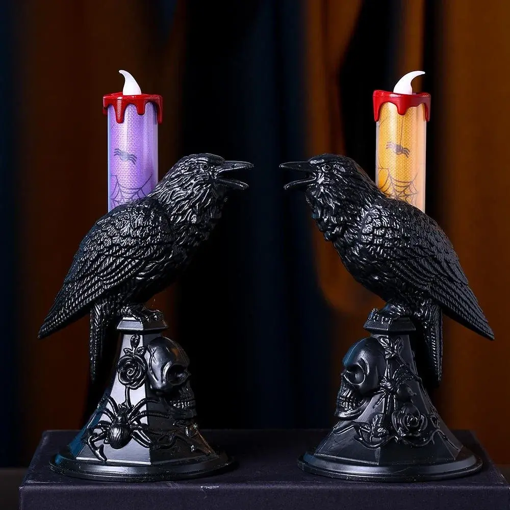 New Black Crow Statue Glowing Candlestick LED Candles Lights Halloween Home Decorations Table Lamp Scary Ornaments Home Supplies