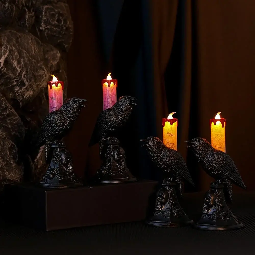 New Black Crow Statue Glowing Candlestick LED Candles Lights Halloween Home Decorations Table Lamp Scary Ornaments Home Supplies