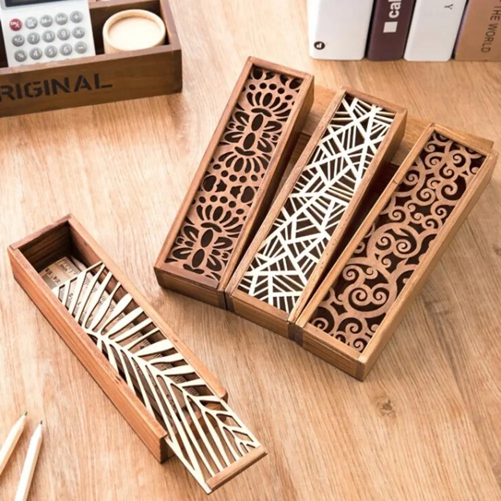 Portable Retro Box Hollow Wood Pencil Case Storage Box Students Cute Wooden Pencil Box Multi Stationery Desk Storage Accessory