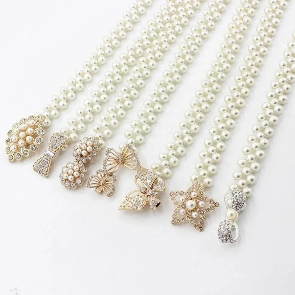 Women Elegant Dress Decoration Belt Thin Fashion Pearl Waist Chain With Skirt Simple Diamond Woven Pearl Belts Accessories