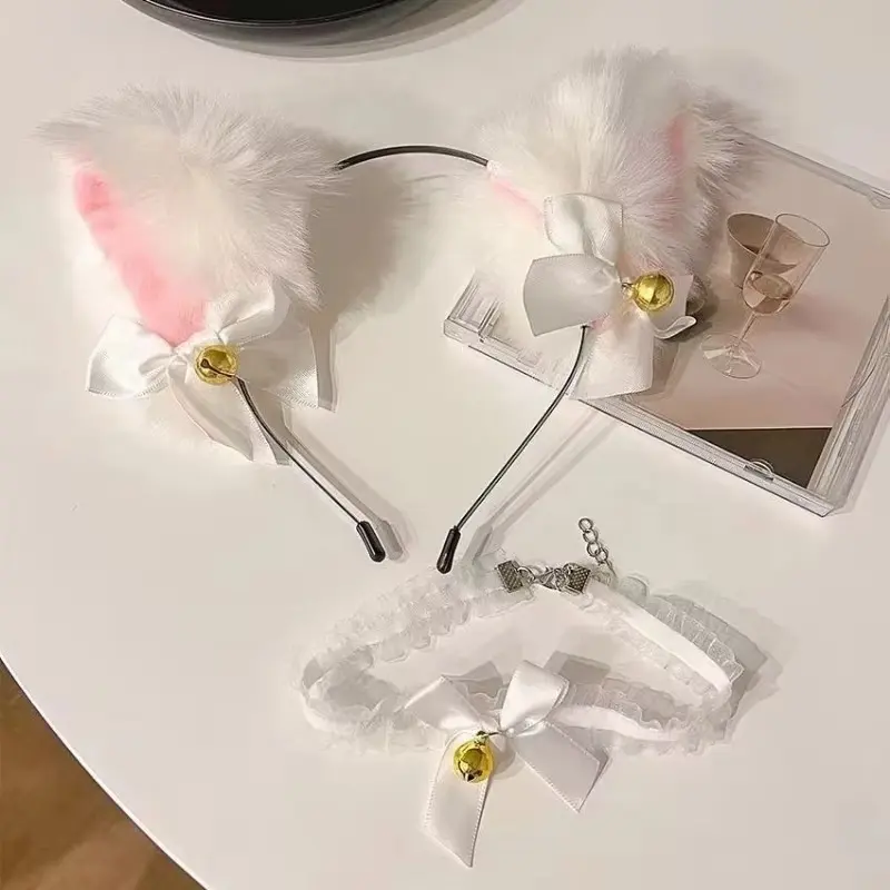 Pretty Plush Cat Ear Headband Fashionable Cosplay Bow Bell Cat Ear Headband Lace Bell Necklace Set Women Party Costume Headwear