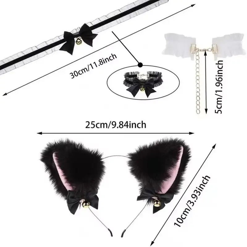 Pretty Plush Cat Ear Headband Fashionable Cosplay Bow Bell Cat Ear Headband Lace Bell Necklace Set Women Party Costume Headwear