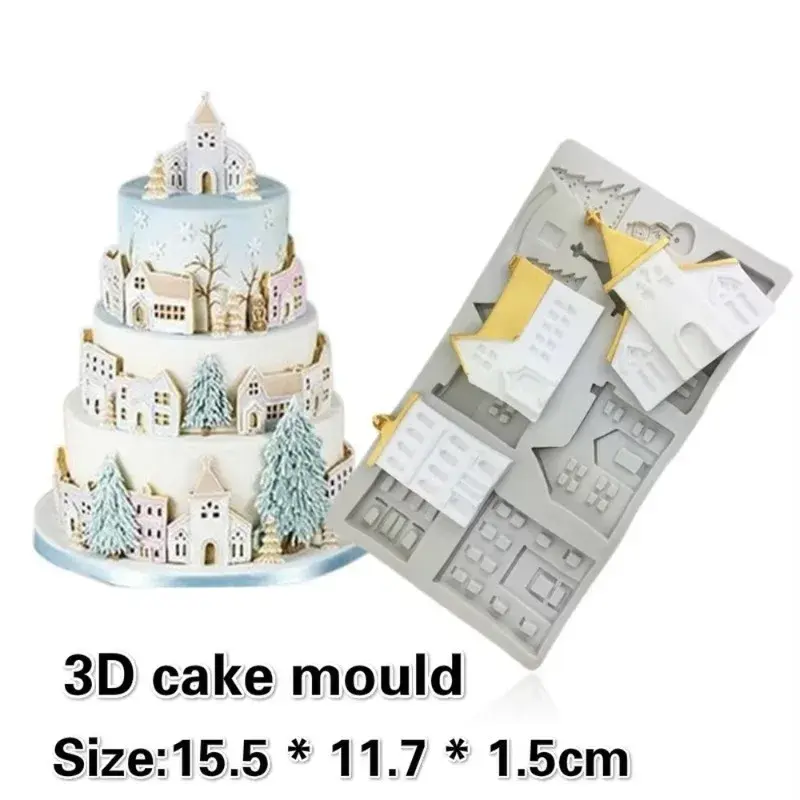 Creative New House Silicone Mold Christmas Cake Lace Decoration Tool Snowman Castle Villa Shape Mold Ssuitable Home Kitchen Mold