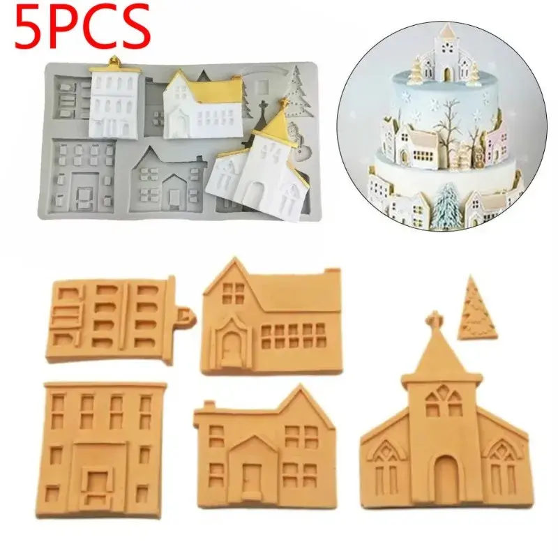 Creative New House Silicone Mold Christmas Cake Lace Decoration Tool Snowman Castle Villa Shape Mold Ssuitable Home Kitchen Mold