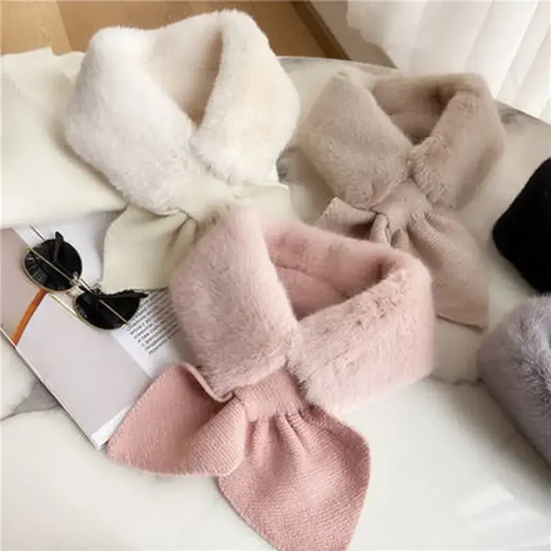 Winter Womens Cross Faux Fur Straps Shawl Soft Scarf Girls Ladies Autumn Knitted