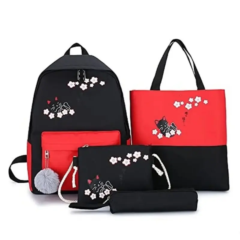4 Piece Set Women Laptop Backpack Ribbon School Backpack Black Cat Book Bag for Teen Girls Student Book Bag Women Shoulder Bag